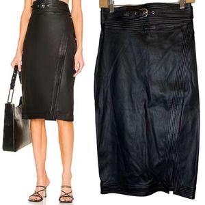 L'Academie NEW Rylie Leather Midi Skirt Black Belted, size Small